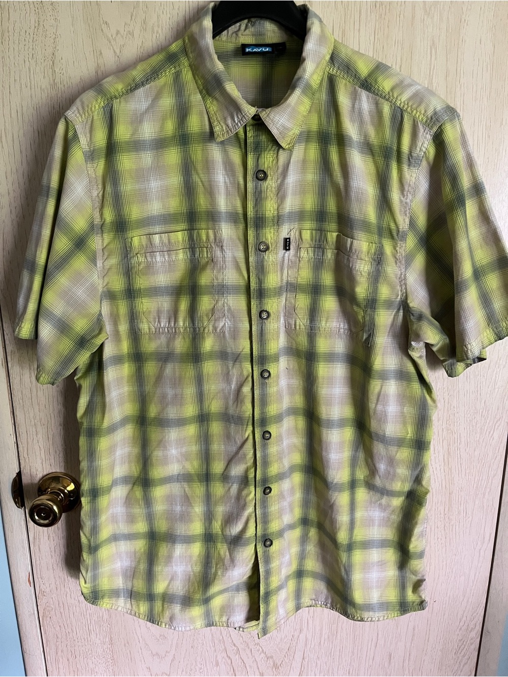 KAVU Trustus Shirt Short-Sleeve Men's Plaid Sz XL Tan Grey Lime